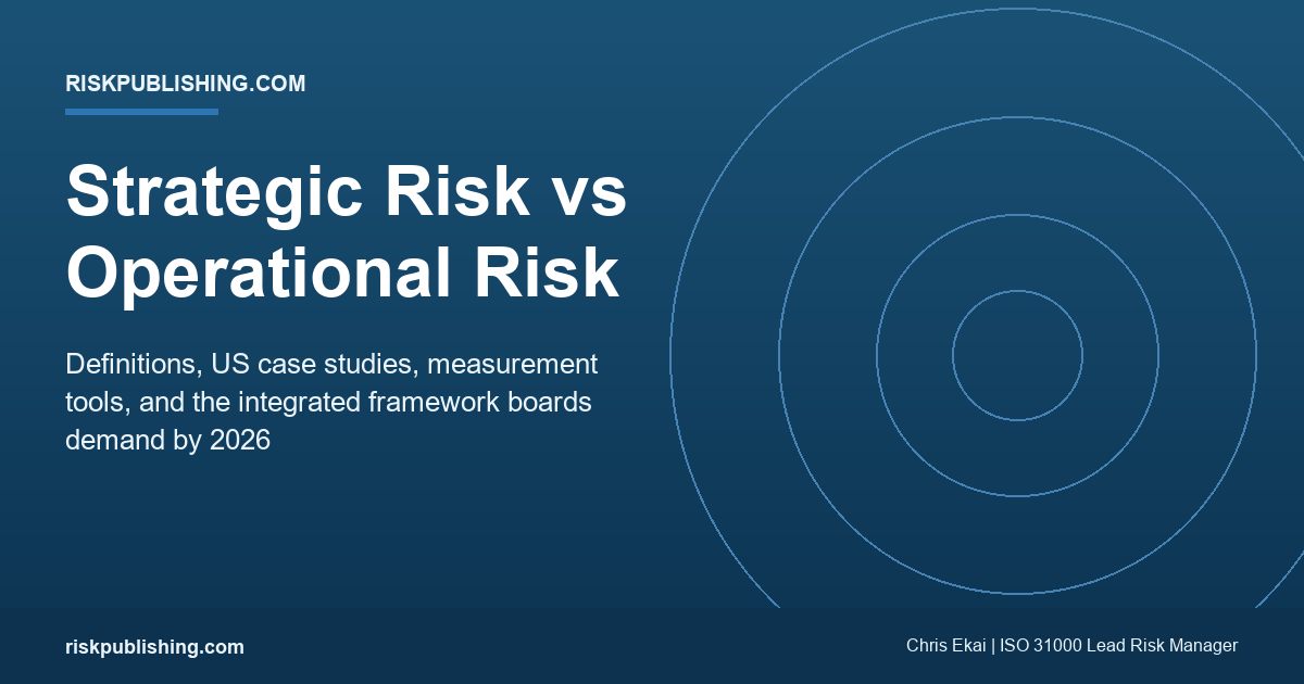 Strategic risk vs operational risk featured image on navy gradient showing the integrated framework boards demand by 2026 with US case studies and measurement tools.