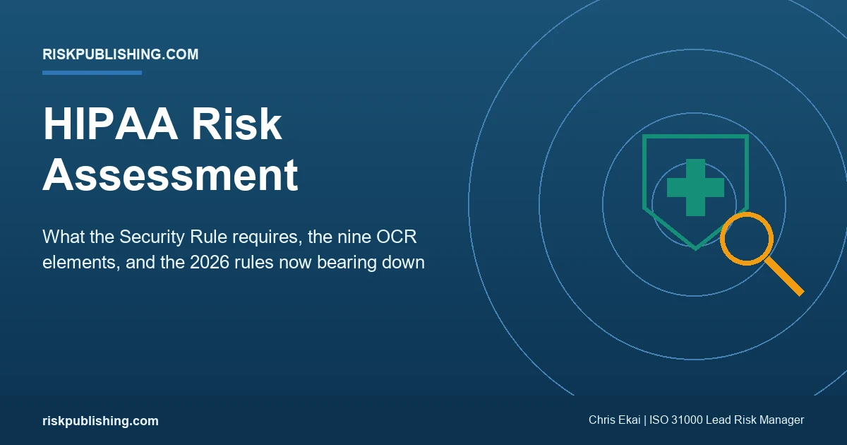 HIPAA risk assessment hero showing a shield with medical cross under a magnifying glass, with the nine OCR elements and 2026 rules