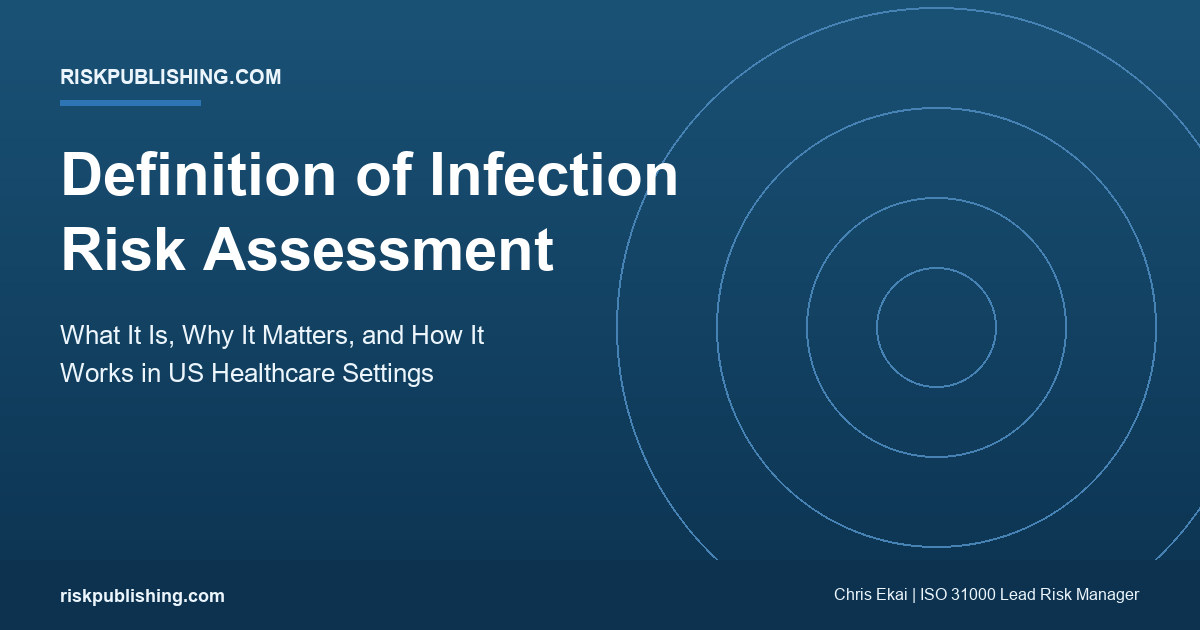 Featured image: definition of infection risk assessment on navy gradient cover summarizing US healthcare standards, CDC NHSN data, and Joint Commission infection prevention expectations