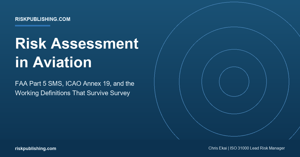 Featured image: risk assessment in aviation on navy gradient cover summarizing FAA Part 5 SMS, ICAO Annex 19, and US 2024 aviation safety data