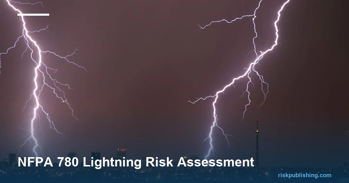NFPA 780 lightning risk assessment shown as a lightning bolt meeting an air terminal on a building with a down conductor to ground