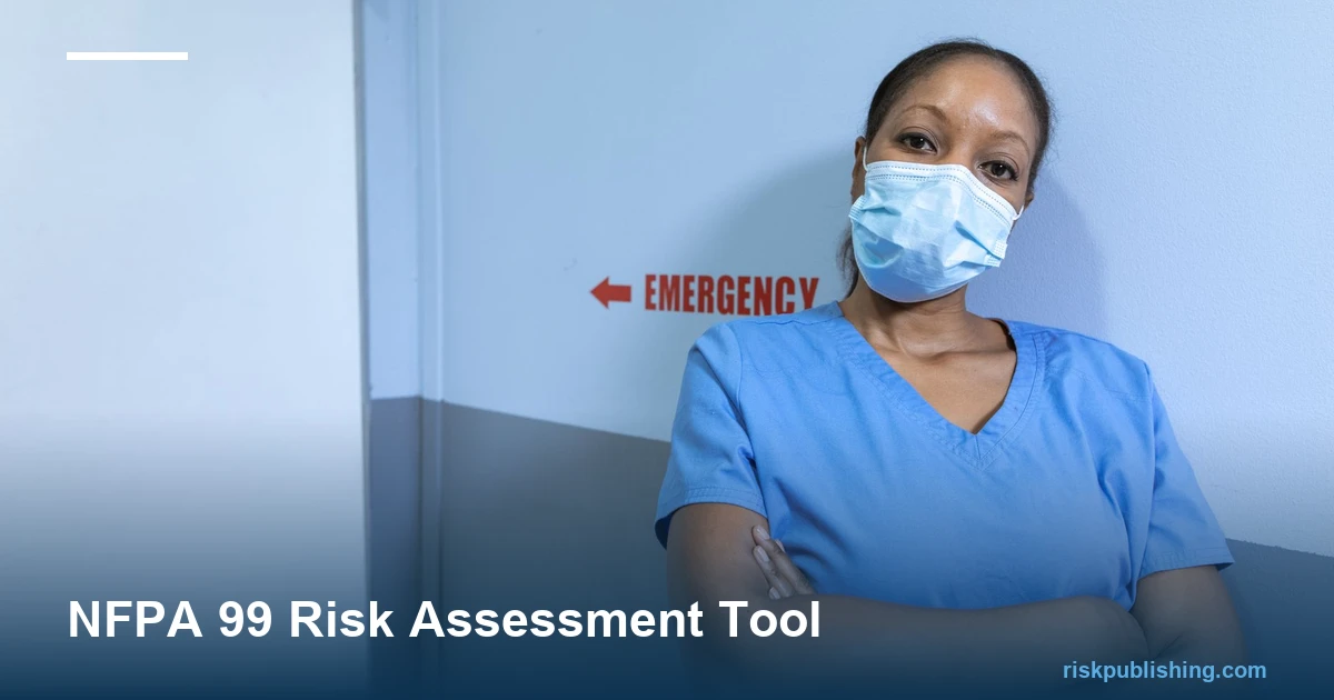 NFPA 99 risk assessment tool shown as the four Chapter 4 categories around an assessment with ICU medical gas, ward nurse call, and lobby HVAC examples
