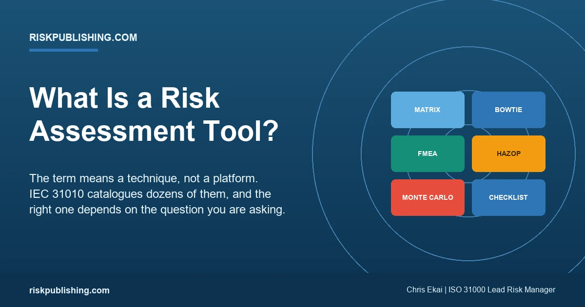what is a risk assessment tool, showing the technique toolbox of matrix, bowtie, FMEA, HAZOP, Monte Carlo and checklist from IEC 31010.