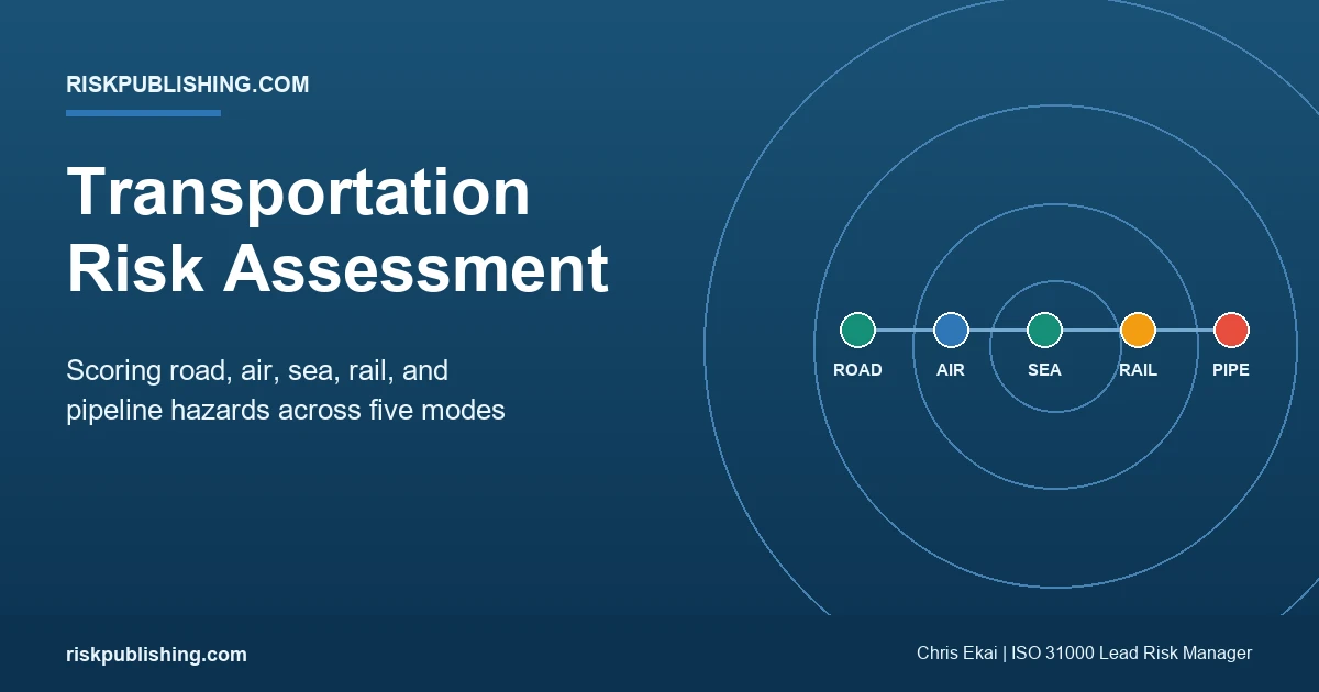 transportation risk assessment across five modes, road, air, sea, rail, and pipeline, on a route diagram