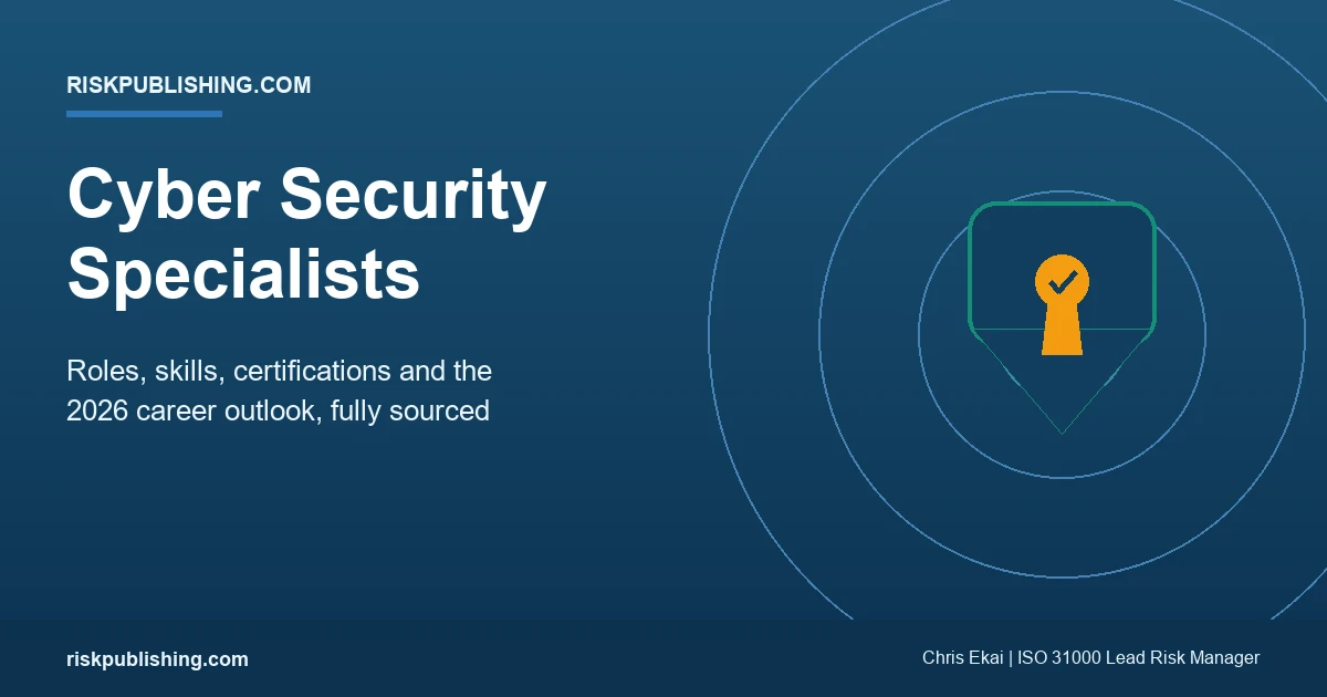 Cyber security specialists career guide with shield and lock motif covering roles, skills, certifications, and the 2026 job outlook