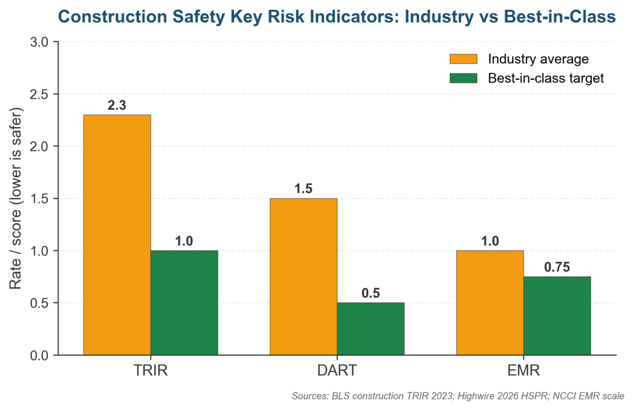 Construction safety Key Risk Indicators for Construction Firms: industry average vs best-in-class TRIR, DART, and EMR