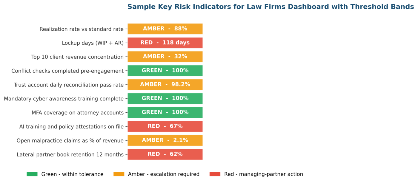 Key Risk Indicators for Law Firms: 2026 Practitioner Examples Executive Key Risk Indicators for Law Firms dashboard with traffic-light threshold bands
