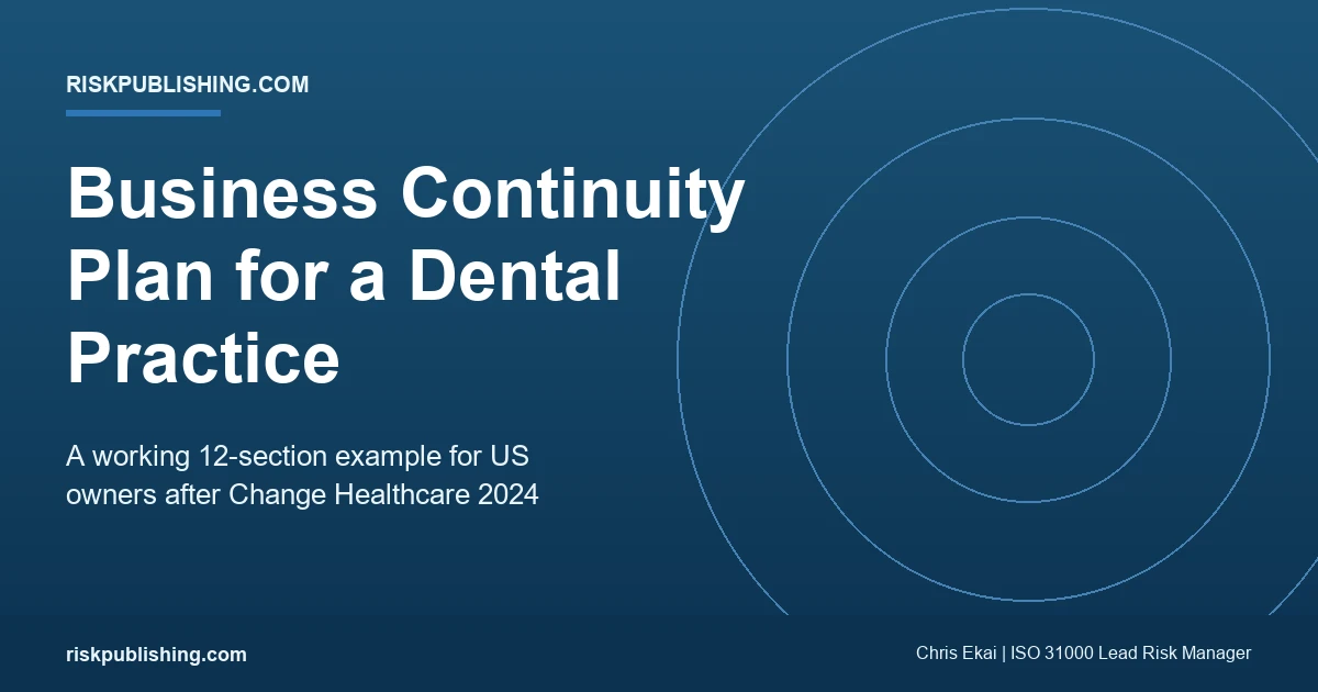 Featured image for the business continuity plan dental practice example on navy gradient showing the 12-section template US owners ran after Change Healthcare in 2024.