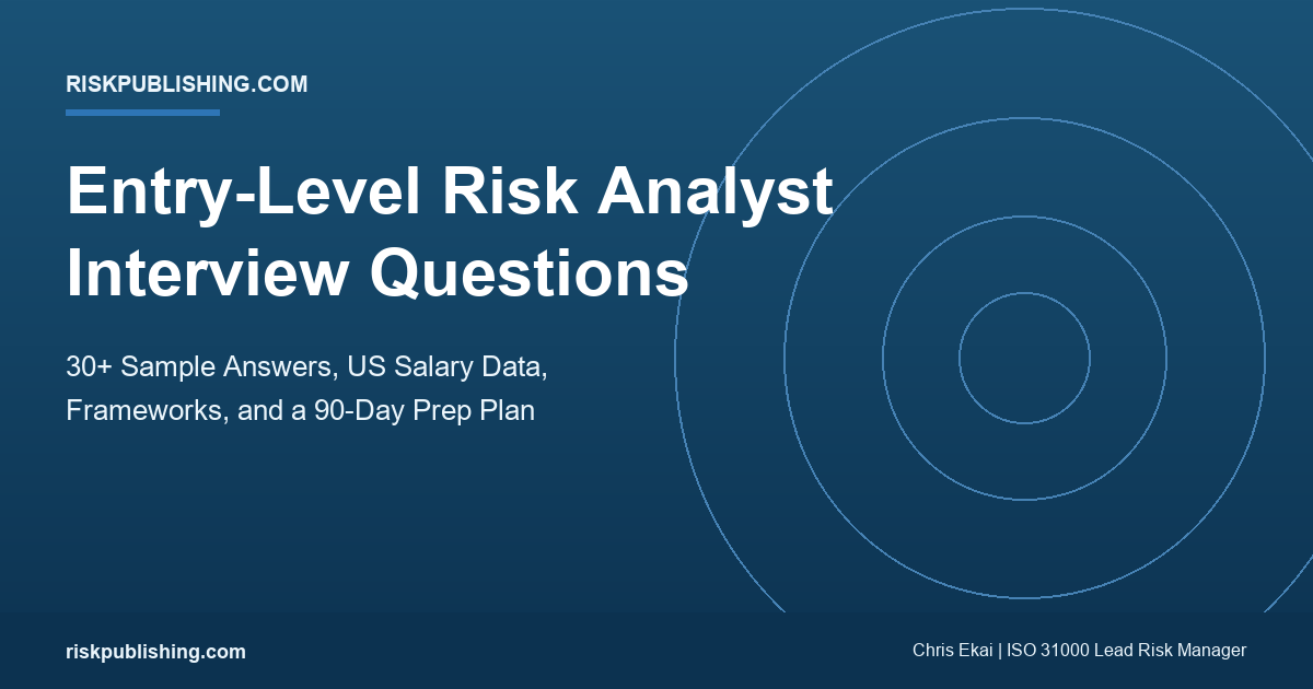 Entry-level risk analyst interview questions guide with 30+ sample answers, US salary data, frameworks, and a 90-day prep plan for 2026 hiring.