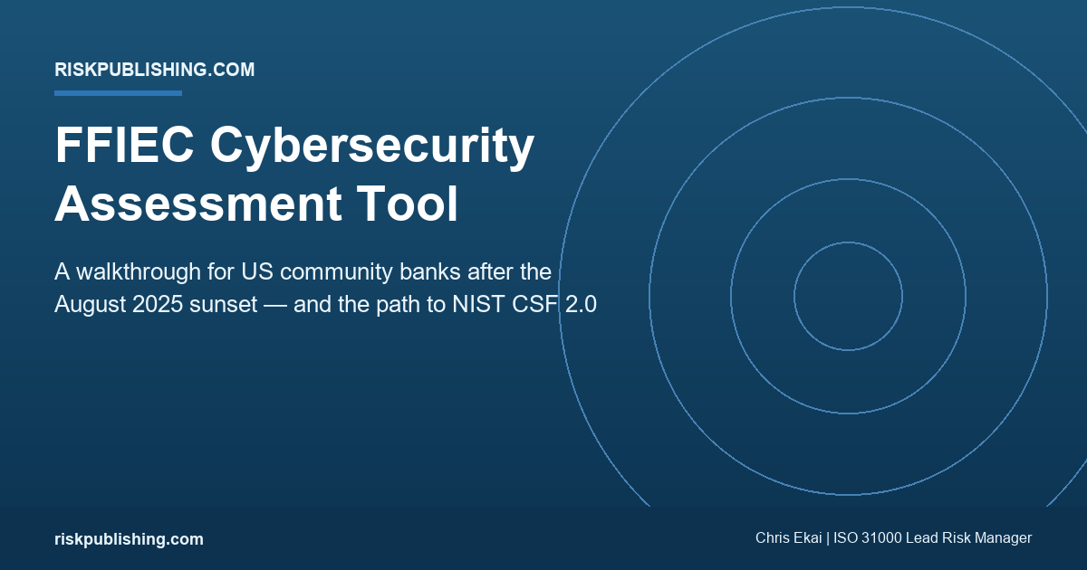 Featured image for FFIEC Cybersecurity Assessment Tool walkthrough for community banks on navy gradient hero showing the five maturity domains and the path to NIST CSF 2.0