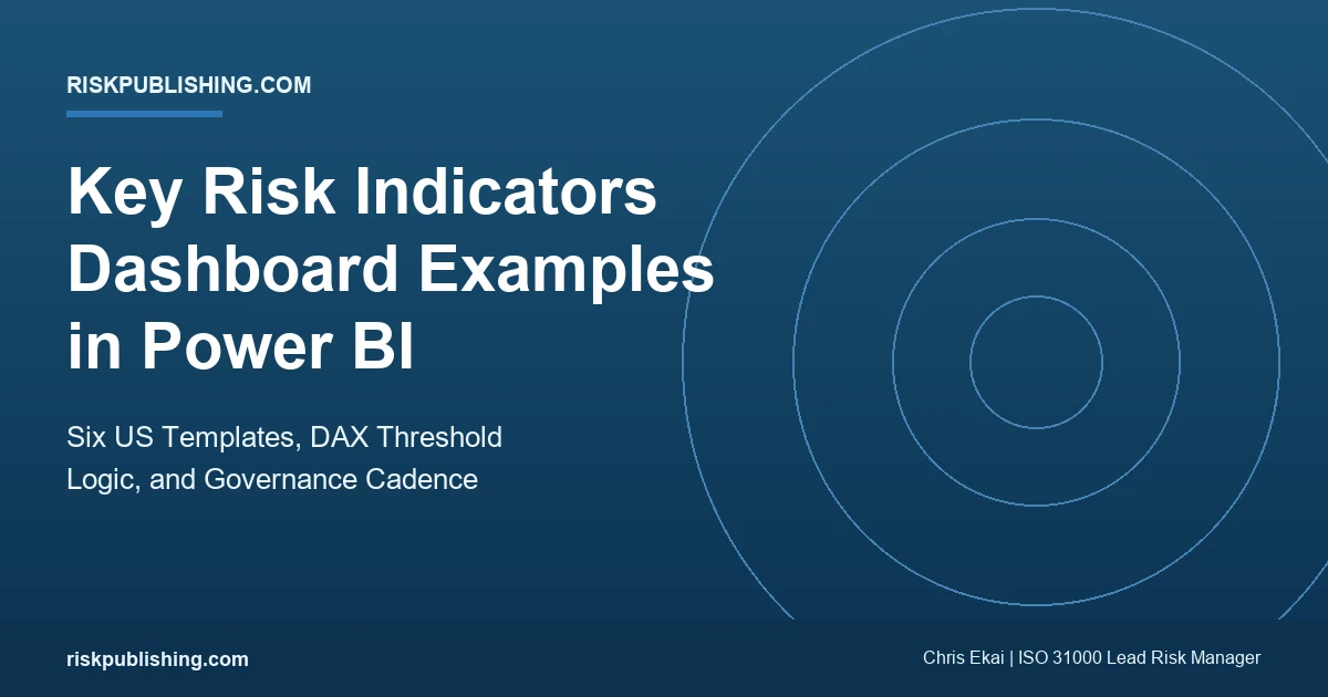 Featured image for key risk indicators dashboard Power BI post on navy gradient hero summarizing six US templates and DAX threshold logic