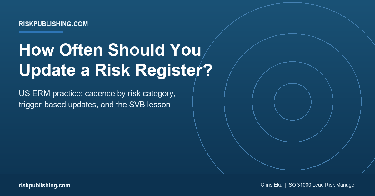 Featured image for how often should you update a risk register on navy gradient hero showing the US ERM cadence by category and the SVB lesson