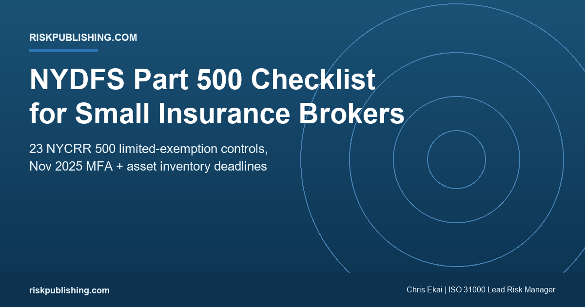NYDFS Part 500 checklist for small insurance brokers hero showing 23 NYCRR 500 limited exemption and November 2025 MFA and asset inventory deadlines