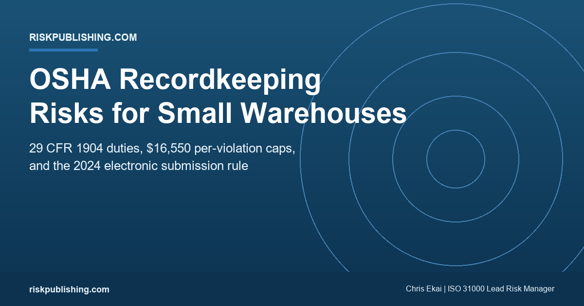 OSHA recordkeeping risks for US warehouses under 50 employees hero showing 29 CFR 1904 duties, $16,550 per-violation penalty cap, and the 2024 electronic submission rule