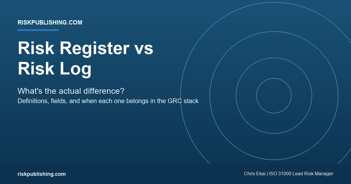 Comparison infographic showing risk register vs risk log side-by-side across eight dimensions including time orientation, owner, update cadence, and standards anchors