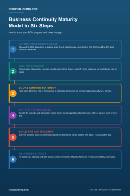 Process infographic for a business continuity maturity model showing six steps: define dimensions and scale, gather evidence, score current maturity, set the target level, build the gap roadmap, and re-assess and track