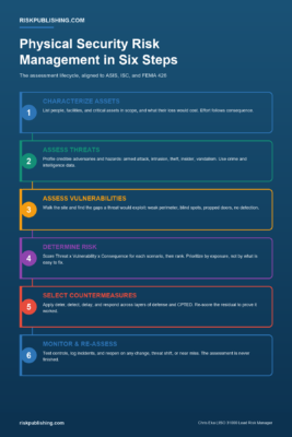 Process infographic for physical security risk management showing six steps: characterize assets, assess threats, assess vulnerabilities, determine risk, select countermeasures, and monitor and re-assess