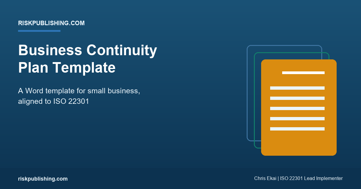 Featured image for a business continuity plan template in Word for small business aligned to ISO 22301 on a navy gradient hero