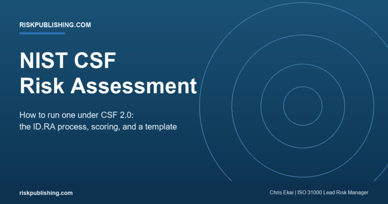 NIST CSF risk assessment guide on a navy riskpublishing.com hero covering the CSF 2.0 ID.RA process, risk scoring, and a template