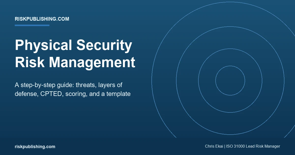 physical security risk management guide on a navy riskpublishing.com hero covering threats, layers of defense, CPTED, scoring, and a template