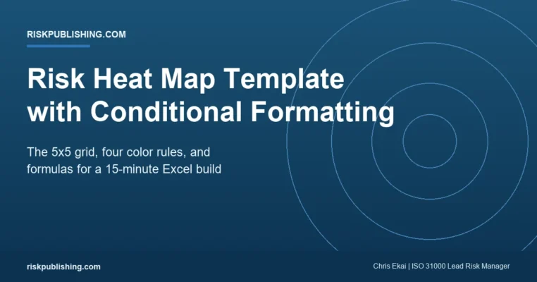 Risk Heat Map Template (Excel) with Conditional Formatting Risk heat map template featured image on a navy riskpublishing.com hero promising the 5x5 Excel build with conditional formatting