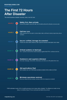 Timeline infographic: the disaster recovery plan template in action across the first 72 hours after a disaster