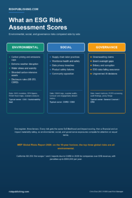 Comparison infographic: environmental, social, and governance risks scored side by side in the ESG risk assessment template