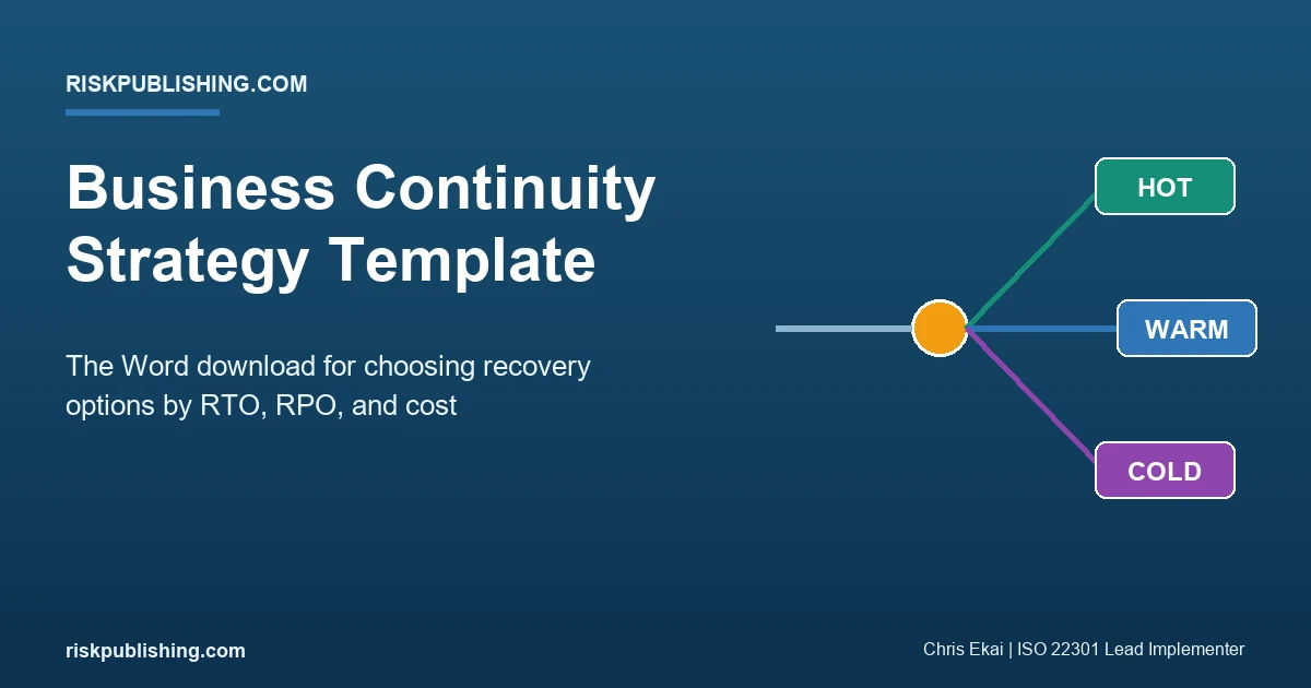 business continuity strategy template shown as a decision between hot, warm, and cold recovery routes