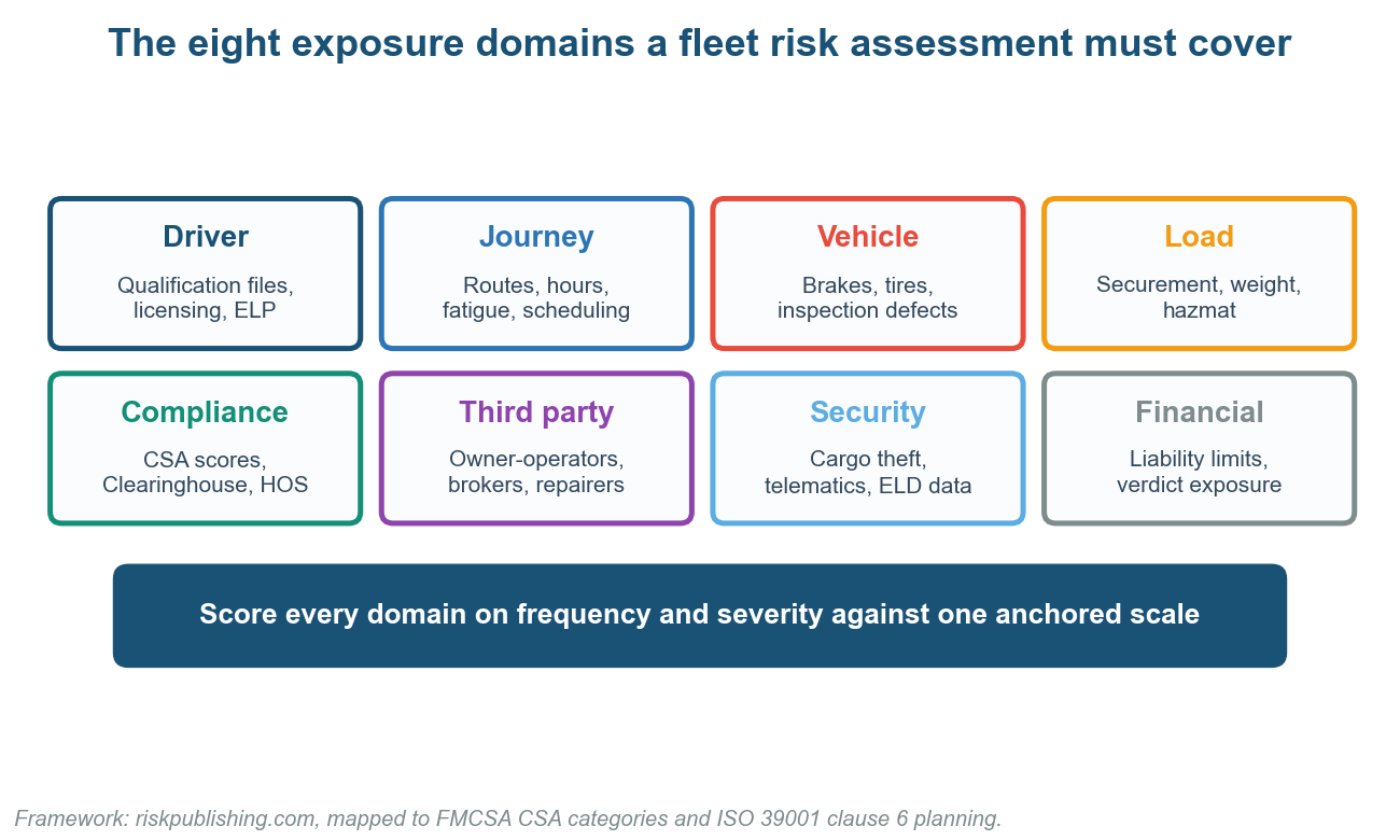 The eight exposure domains a fleet risk assessment must cover