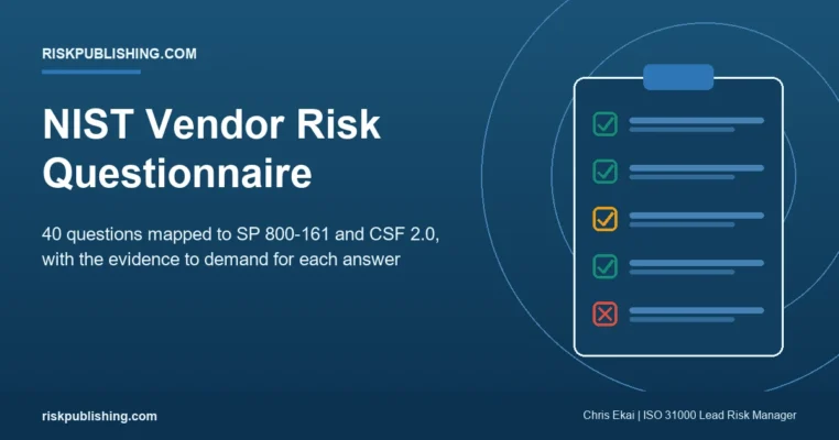 NIST vendor risk assessment questionnaire hero showing a checklist card with passing and failing control checks on a navy gradient