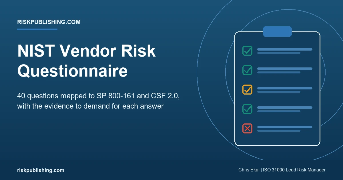NIST vendor risk assessment questionnaire hero showing a checklist card with passing and failing control checks on a navy gradient