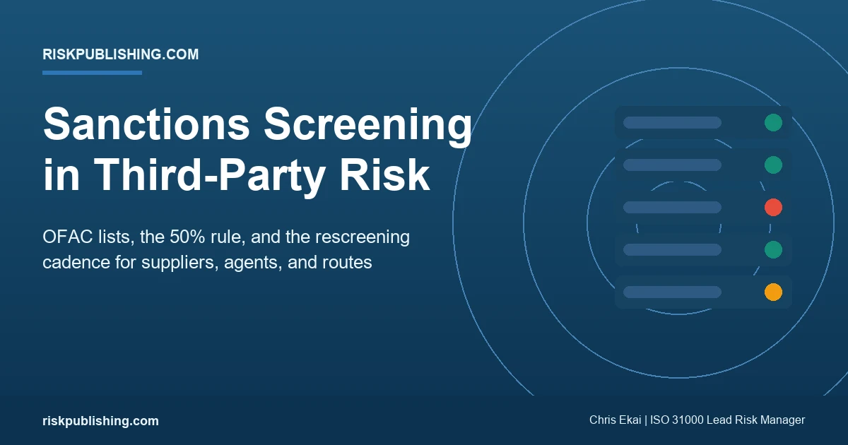 sanctions screening in third-party risk management guide on a navy riskpublishing.com hero with a screening-list motif and one flagged red entry
