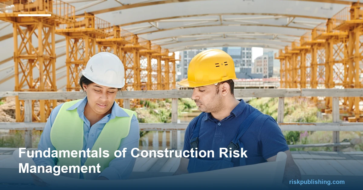Fundamentals of construction risk management: two engineers in hard hats reviewing site plans on a construction project